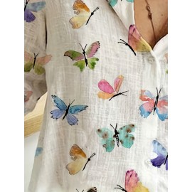 Butterfly Print Button Front Shirt, Casual Long Sleeve Shirt For Spring & Fall, Women's Clothing