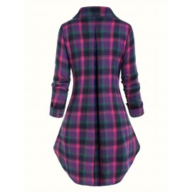 Plaid Print Zip Front Polo Collar Blouse, Casual Pocket Long Sleeve Blouse For Spring & Fall, Women's Clothing