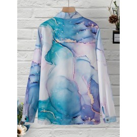 Marble Print Button Front Shirt, Casual Versatile Long Sleeve Shirt, Women's Clothing