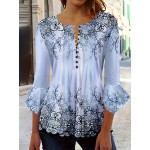 Floral Print Button Blouse, Casual Ruffle Trim Half Sleeve Blouse, Women's Clothing