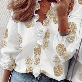 Ruffled Trim V Neck Shirt, Elegant Loose Long Sleeve Shirt, Women's Clothing