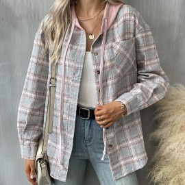 Hooded Plaid Print Blouse, Casual Button Front Drawstring Long Sleeve Blouse, Women's Clothing