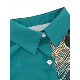 Peacock Feather Print Shirt, Long Sleeve Button Up Casual Top For Fall & Spring, Women's Clothing