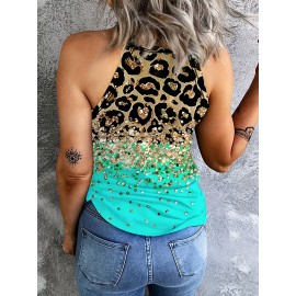 Leopard Print Halter Tank Top, Casual Sleeveless Tank Top For Summer, Women's Clothing