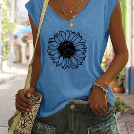 Sunflower Print V Neck Tank Top, Casual Sleeveless Tank Top For Summer, Women's Clothing