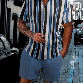 2pcs Men's Stripe Pattern Color Block Short Sleeve Button Shirt & Loose Shorts, Men's Casual Outfit For Summer Vacation