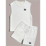 Men's 2 Piece Outfits,  Waffle Pattern , Casual Graphic Tanktop And Loose Drawstring Shorts Set, Men's Clothing