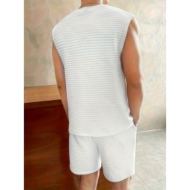 Men's 2 Piece Outfits,  Waffle Pattern , Casual Graphic Tanktop And Loose Drawstring Shorts Set, Men's Clothing