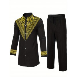 Men's African Dashiki Shirt Metallic Floral Printed Slim Fit Long Sleeve Hoodies Shirts