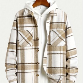 Big Plaid Pattern Men's Retro Casual Long Sleeve Lapel Shirt With Pocket Design, Fall Winter Outdoor