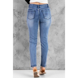 Blue Hollow Out Button-fly Distressed Jeans