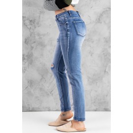 Blue Hollow Out Button-fly Distressed Jeans