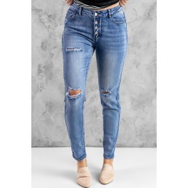 Blue Hollow Out Button-fly Distressed Jeans