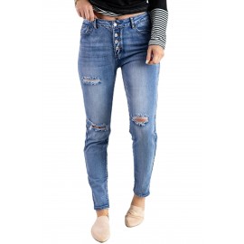 Blue Hollow Out Button-fly Distressed Jeans