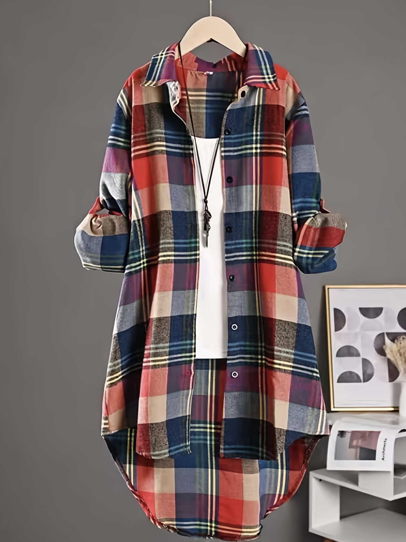 plaid pattern button front shirt, plaid pattern button front shirt casual long sleeve lapel collar shirt womens clothing details 1