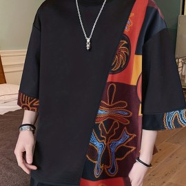 Men's Loose Vintage Ethnic Pattern Floral Printed Crew Neck T-shirt Casual Tee 3/4 Sleeve Summer Beach Tops Chinese Vintage Streetwear