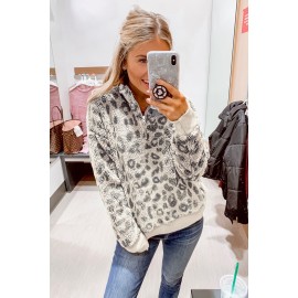 Leopard Print 1/4 Zip Elastic Cuff Sherpa Pullover